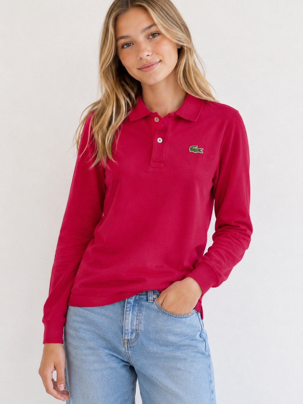 Lacoste Kids Long Sleeve Polo Shirt Size 12 Fuchsia Pink 100% Cotton